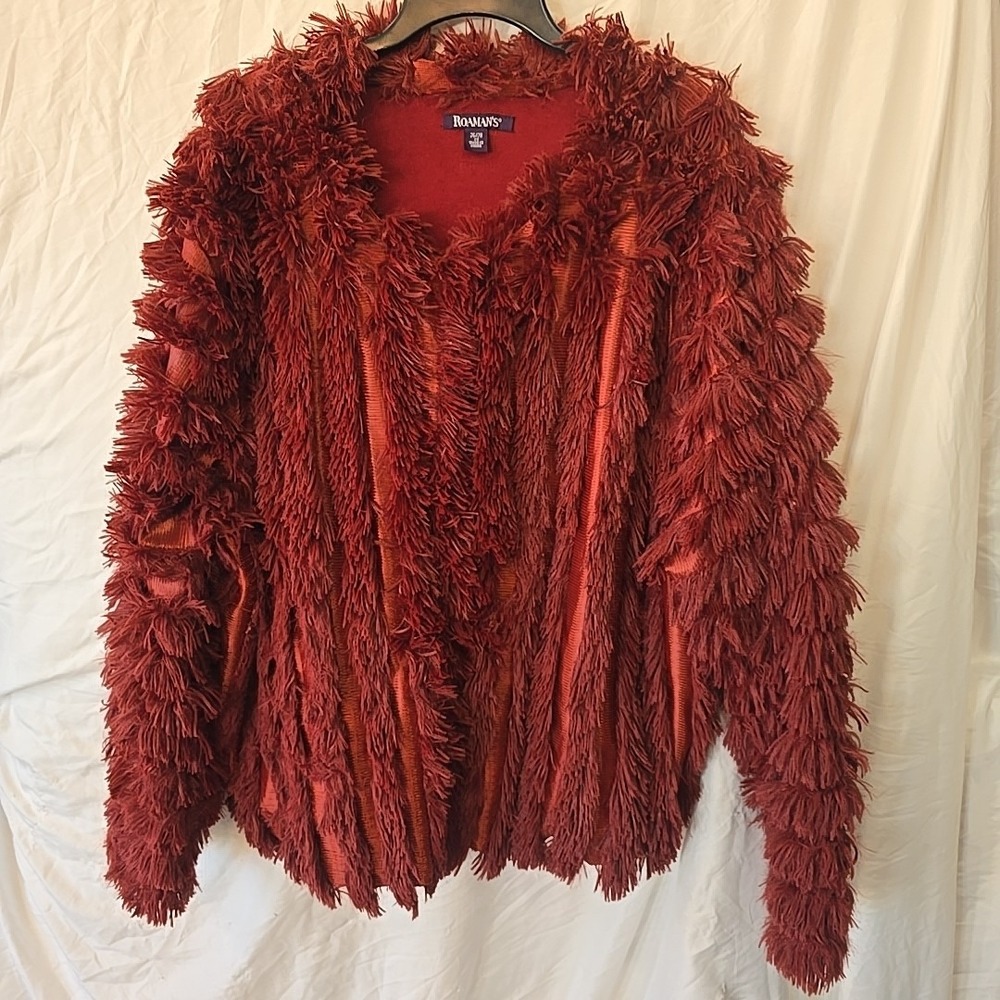 Roaman's Faux Fur Cardigan Jacket Deep Red Size 2X Boho Festival Shaggy Textured